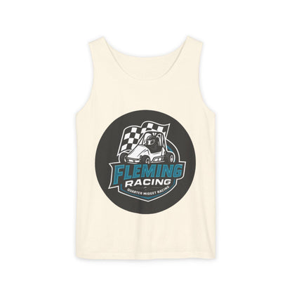 Racing tank top in light cream with large circular car logo graphic on front