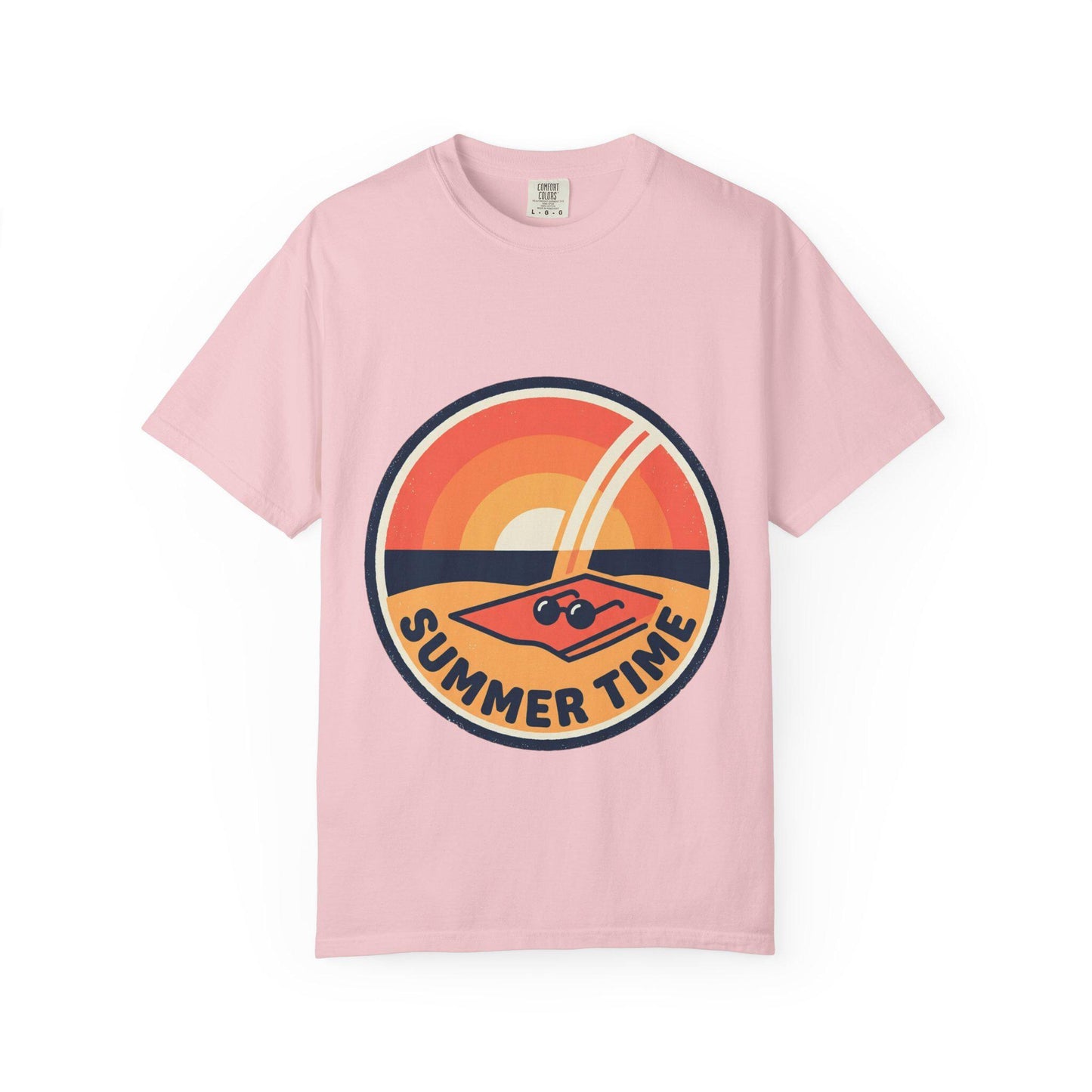 Pastel pink T-shirt with circular retro sunset "Summer Time" graphic