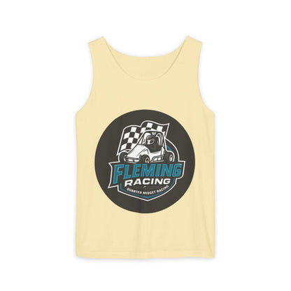 Racing tank top in pale yellow with large circular car logo graphic on front