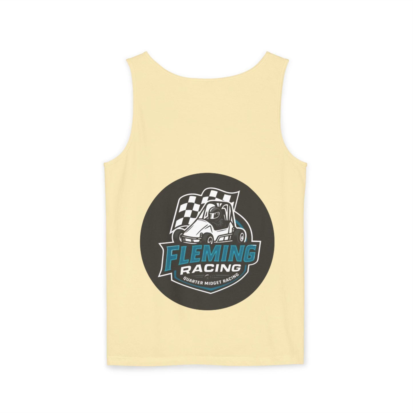 Racing tank top in light yellow with centered circular car logo graphic on front