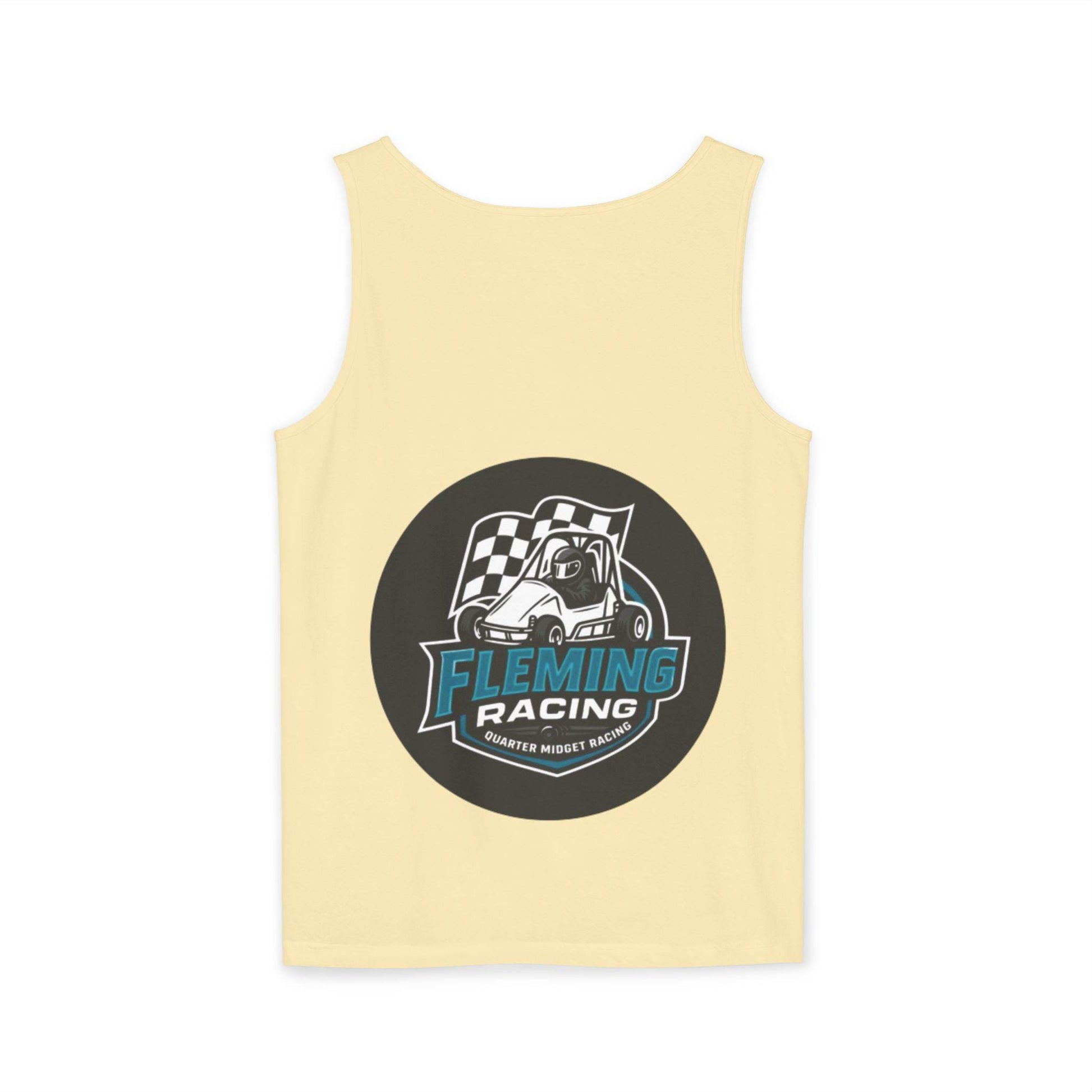 Racing tank top in light yellow with centered circular car logo graphic on front