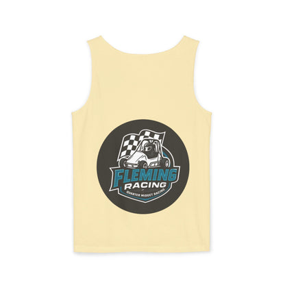 Racing tank top in light yellow with centered circular car logo graphic on front