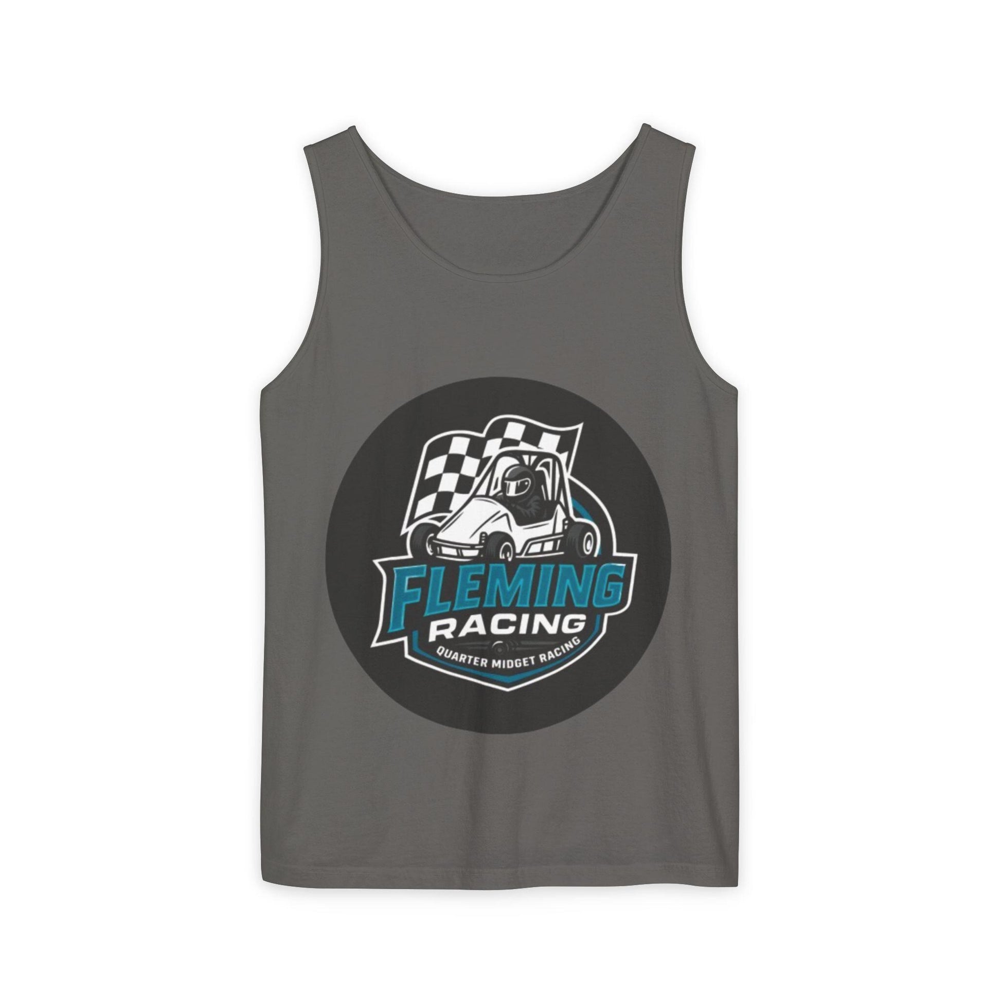 Racing tank top in dark gray with large circular car logo graphic on front