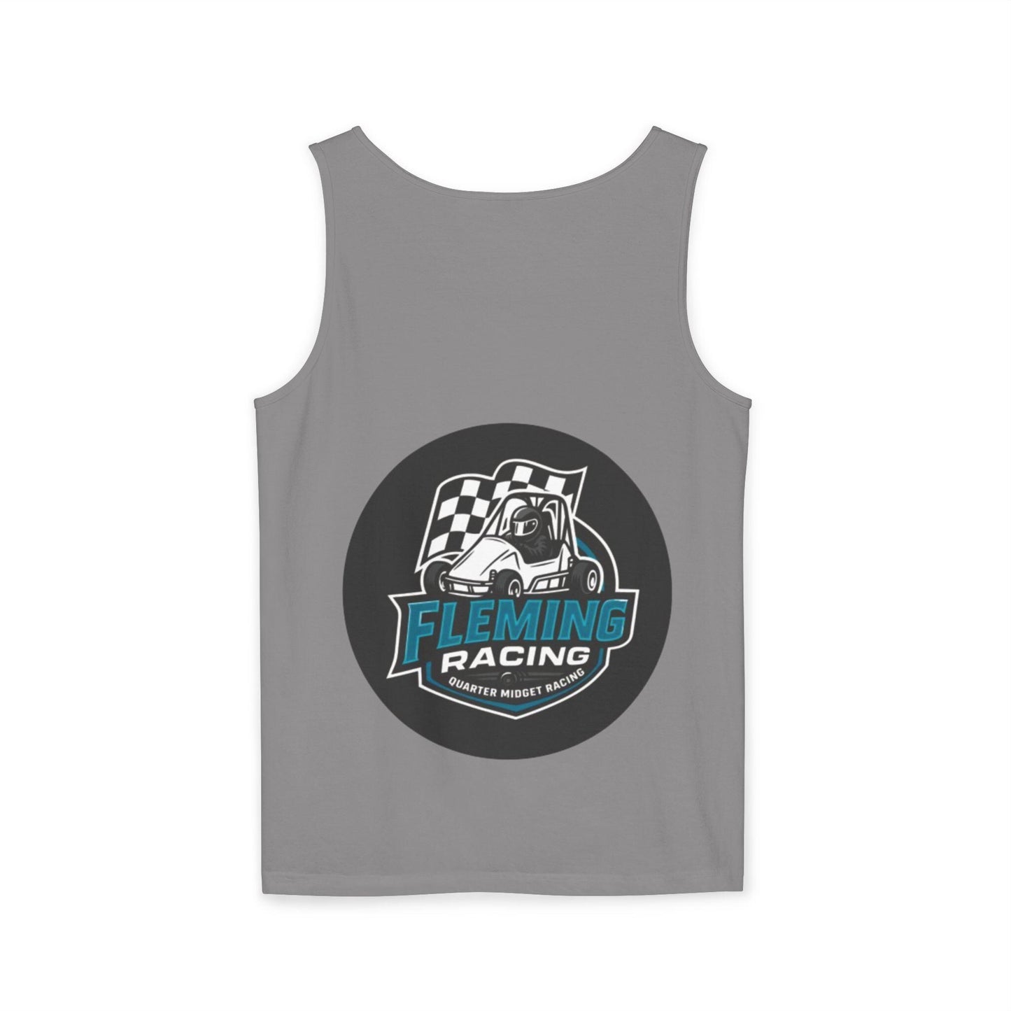 Racing tank top in medium gray with centered circular car logo graphic on front
