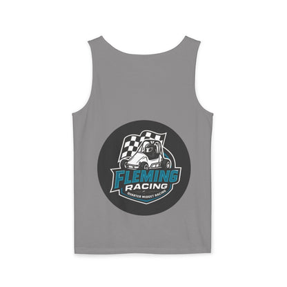 Racing tank top in medium gray with centered circular car logo graphic on front