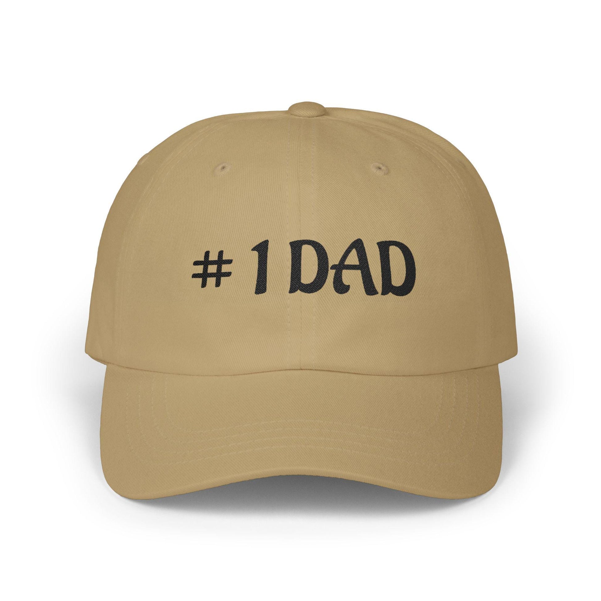 Khaki dad cap with embroidered #1 DAD text on the front panel.