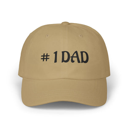 Khaki dad cap with embroidered #1 DAD text on the front panel.