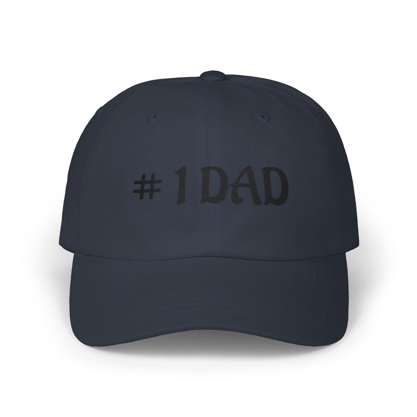 Navy dad cap with embroidered #1 DAD text on the front panel.