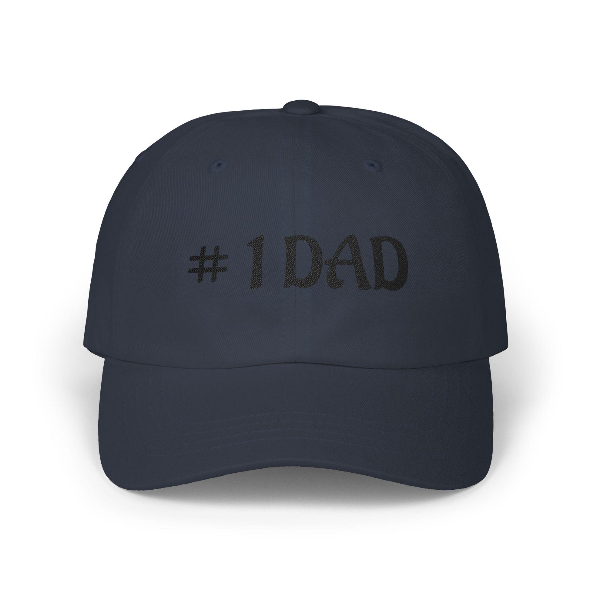 Navy dad cap with embroidered #1 DAD text on the front panel.