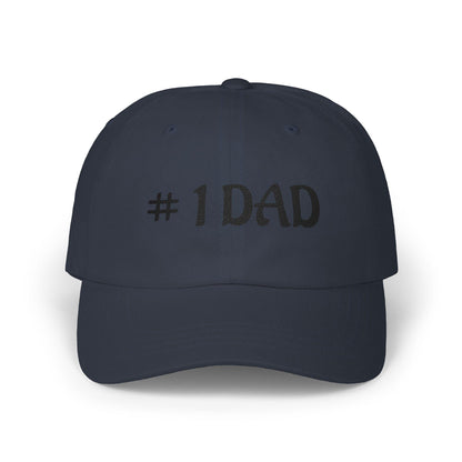 Navy dad cap with embroidered #1 DAD text on the front panel.