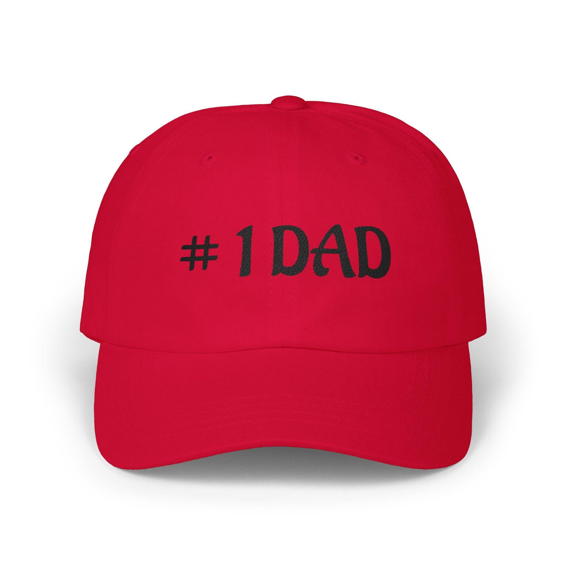 Red embroidered dad cap with #1 DAD front logo
