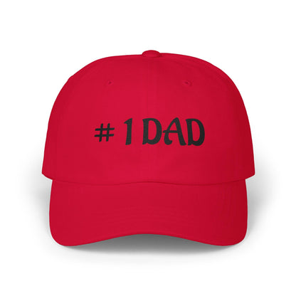 Red embroidered dad cap with #1 DAD front logo