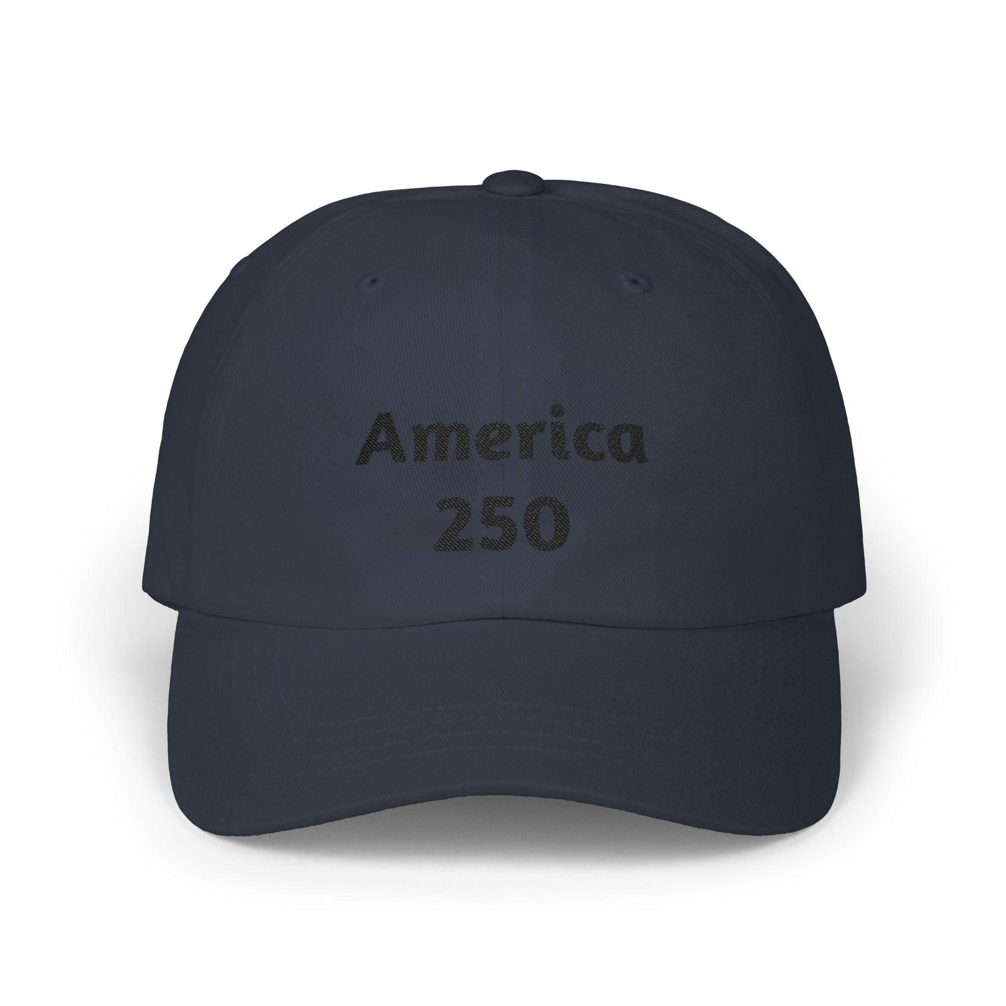 Navy America 250 dad cap with front logo text