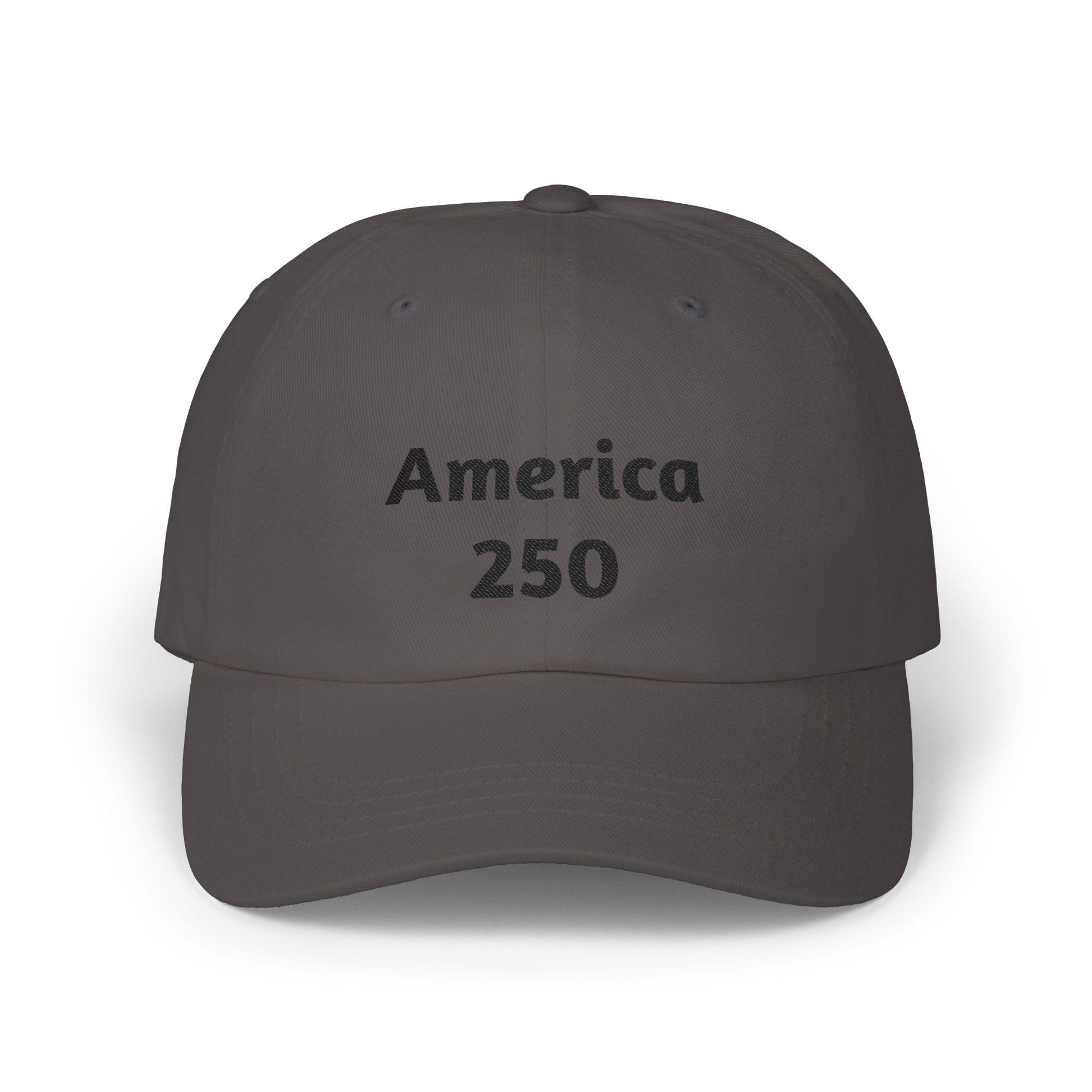 Dark gray America 250 dad cap with front logo text