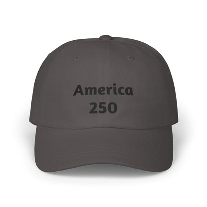 Dark gray America 250 dad cap with front logo text