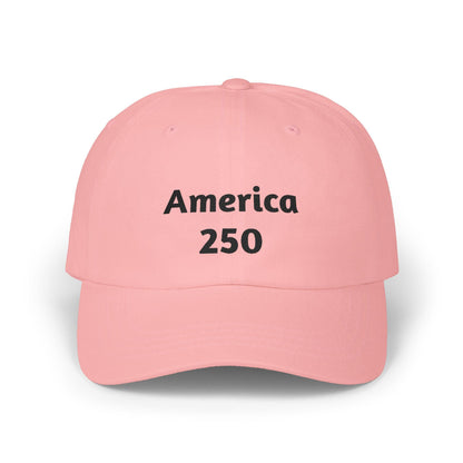 Pink America 250 dad cap with front logo text
