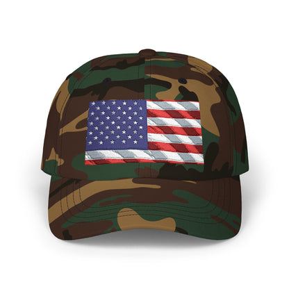 Green camo distressed American flag baseball cap with embroidered front patch