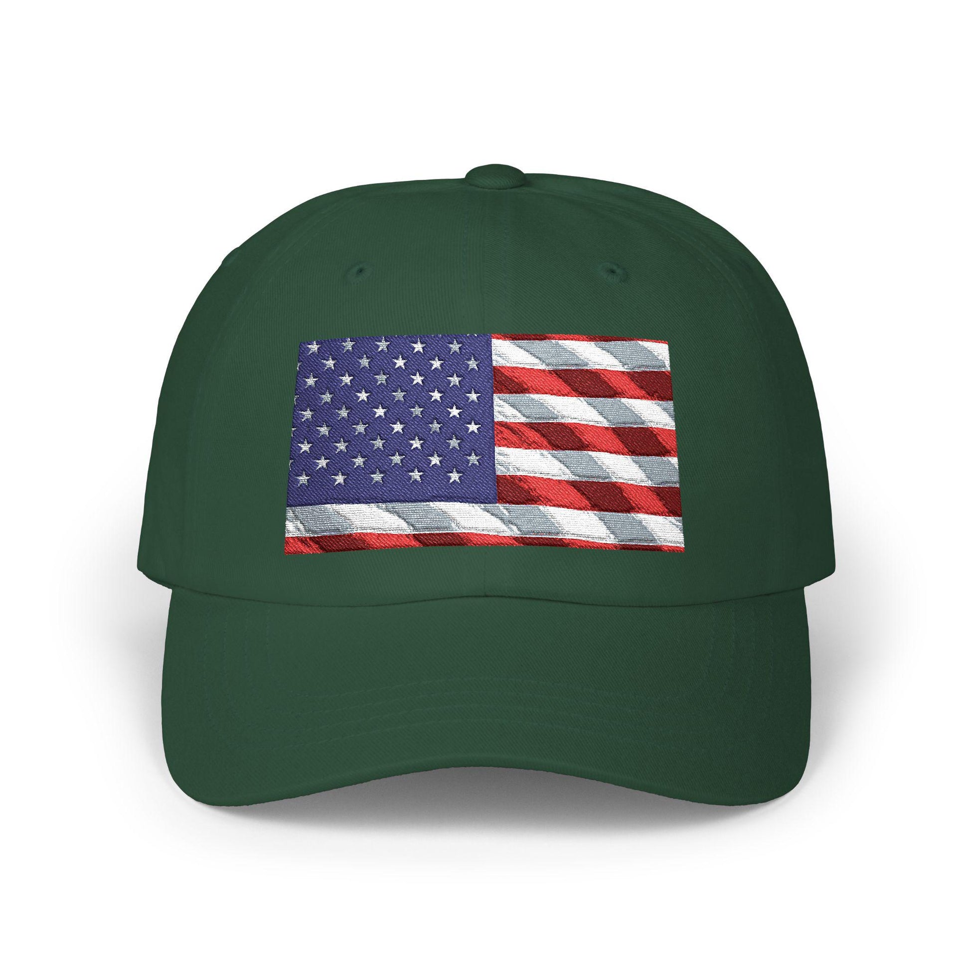 Dark green distressed American flag baseball cap with embroidered front patch