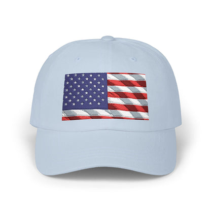 Light blue distressed American flag baseball cap with embroidered front patch