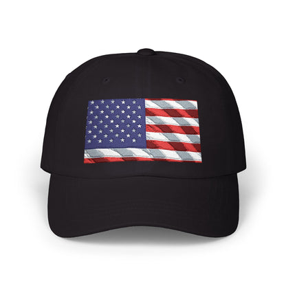 Black distressed American flag baseball cap with embroidered front patch