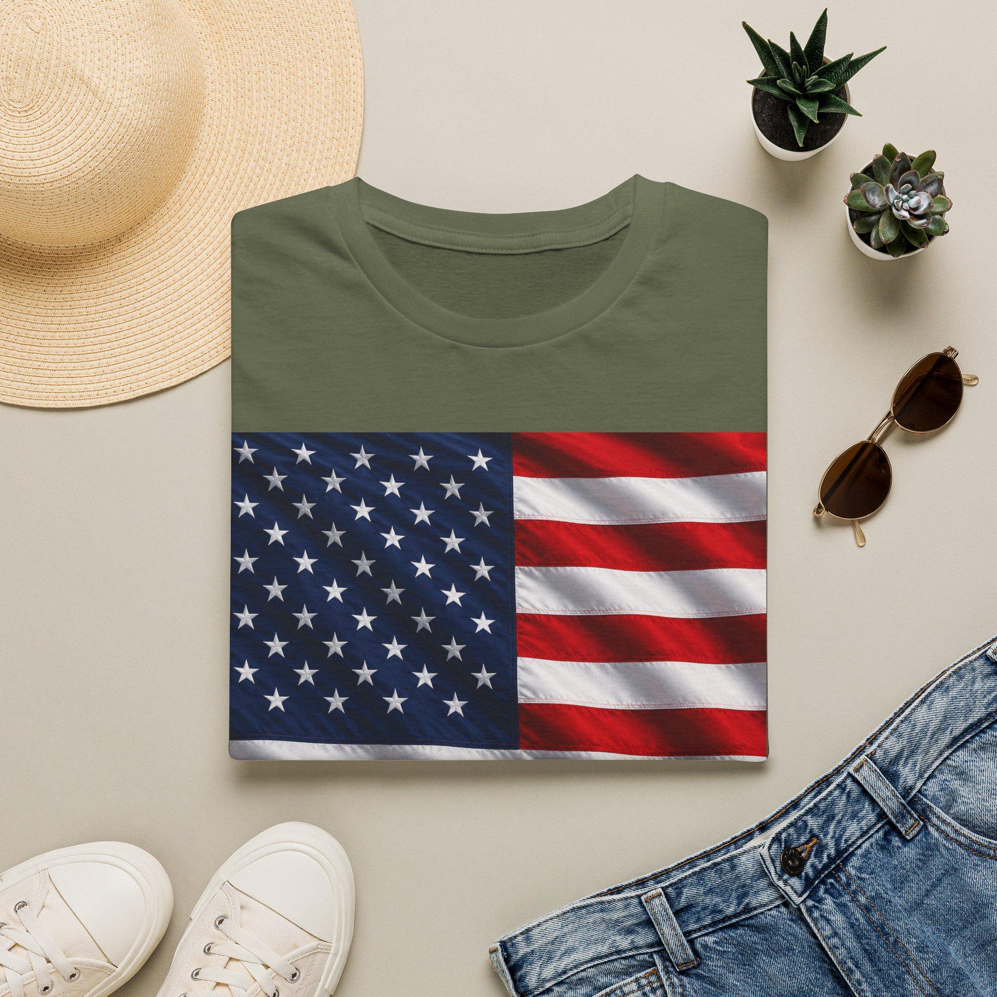 US flag graphic T-shirt in military green, stars and red-and-white stripes on front