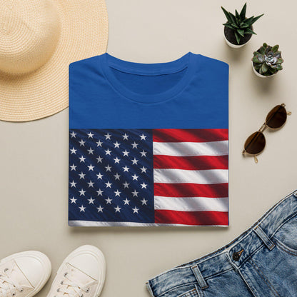 US flag graphic T-shirt in royal blue, stars and red-and-white stripes on front