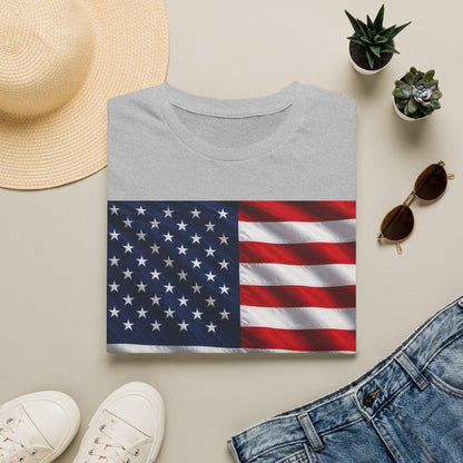 Light gray T-shirt with American flag stars and stripes square graphic