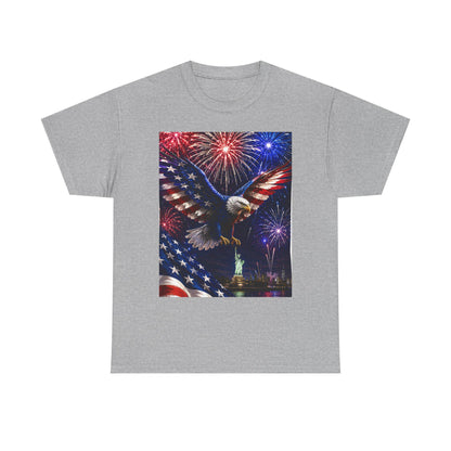 Gray crewneck T-shirt with eagle graphic, fireworks, and American flag graphic