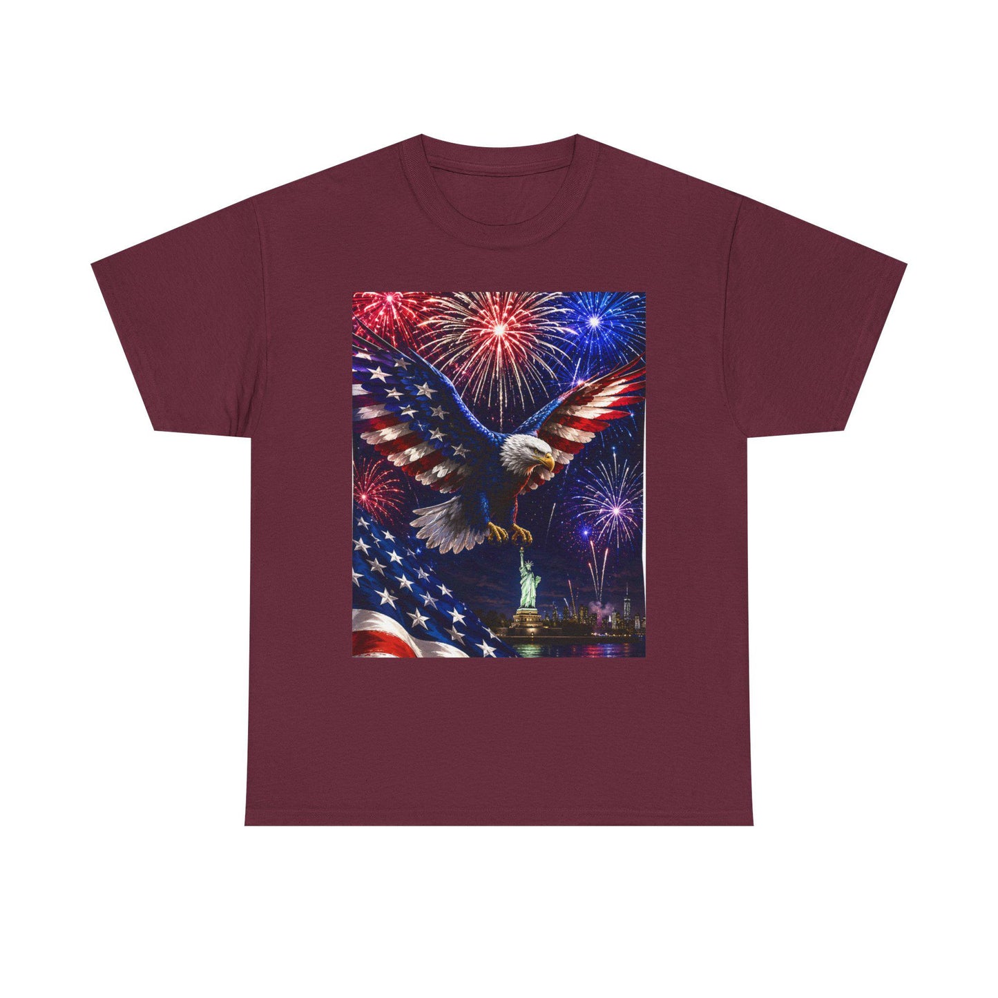 Maroon crewneck T-shirt with eagle graphic, fireworks, and American flag design