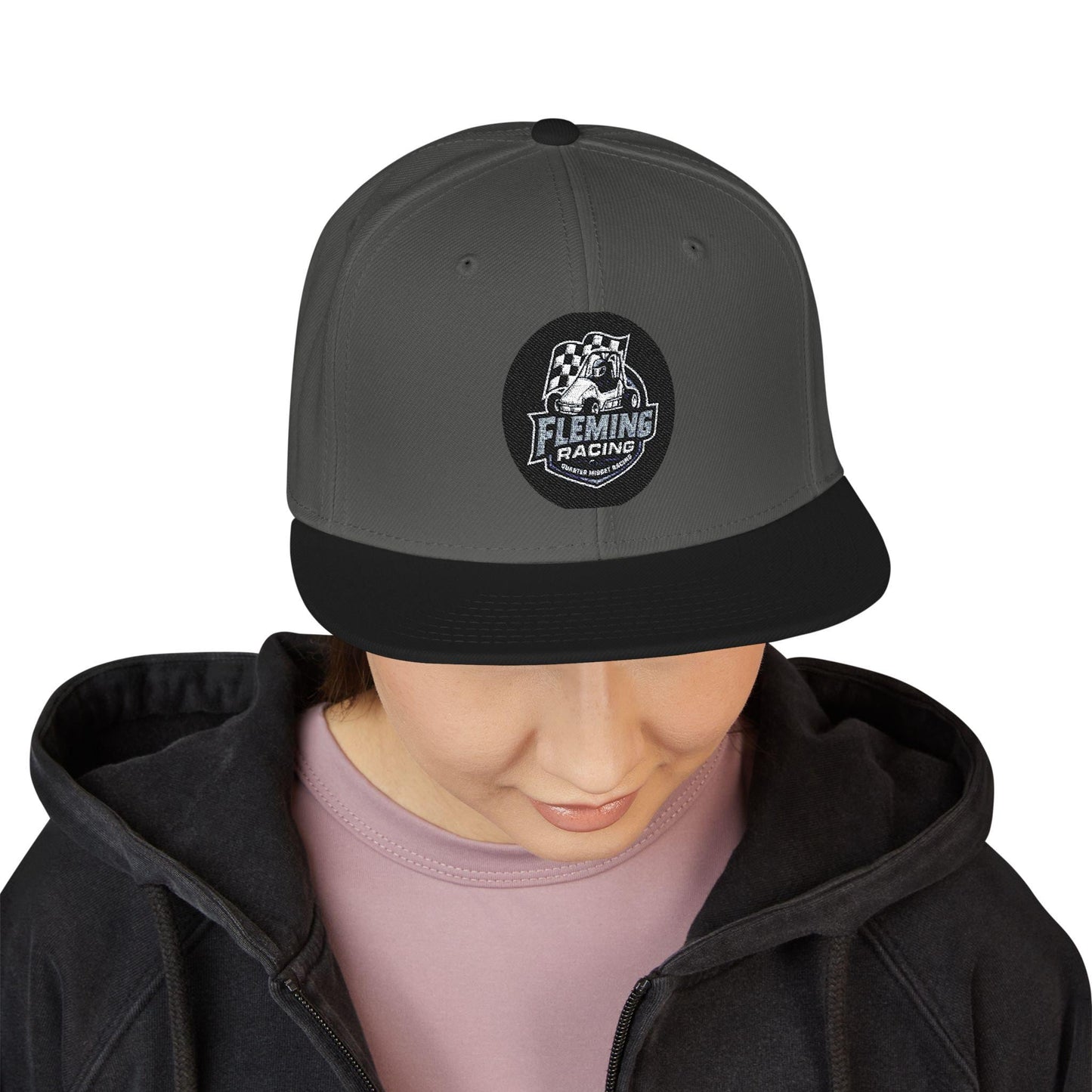 Dark gray baseball cap with black brim and Fleming Racing logo patch