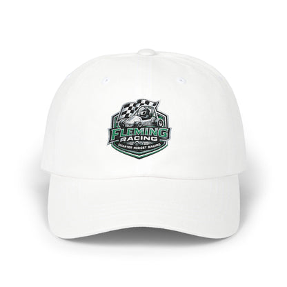 White baseball cap with black brim and Fleming Racing logo patch