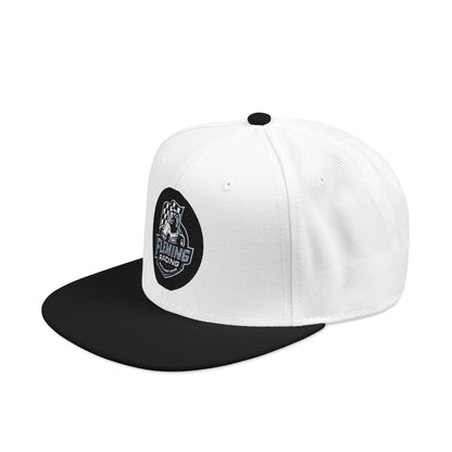 White baseball cap with black brim and Fleming Racing logo patch