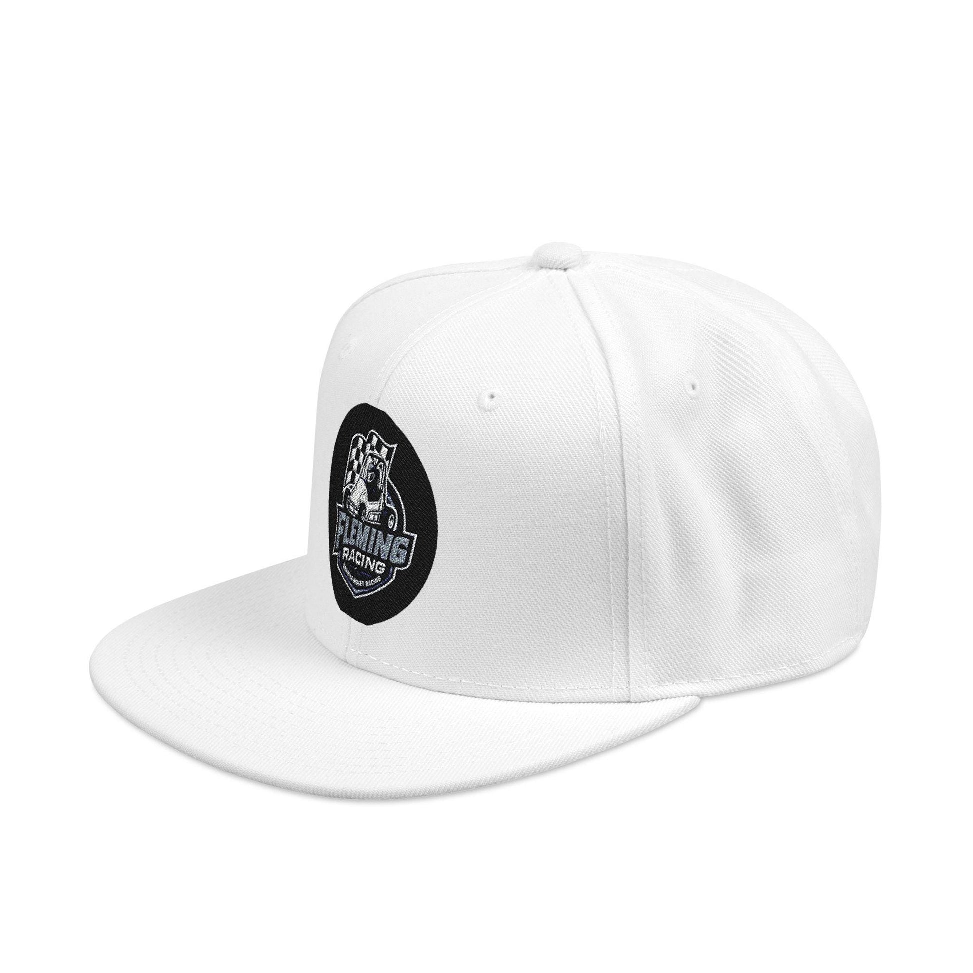 White baseball cap with white brim and Fleming Racing logo patch