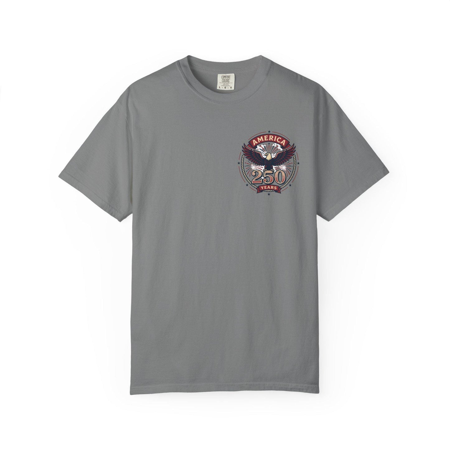 Medium gray crew-neck T-shirt with American eagle “250 Years” graphic on left chest