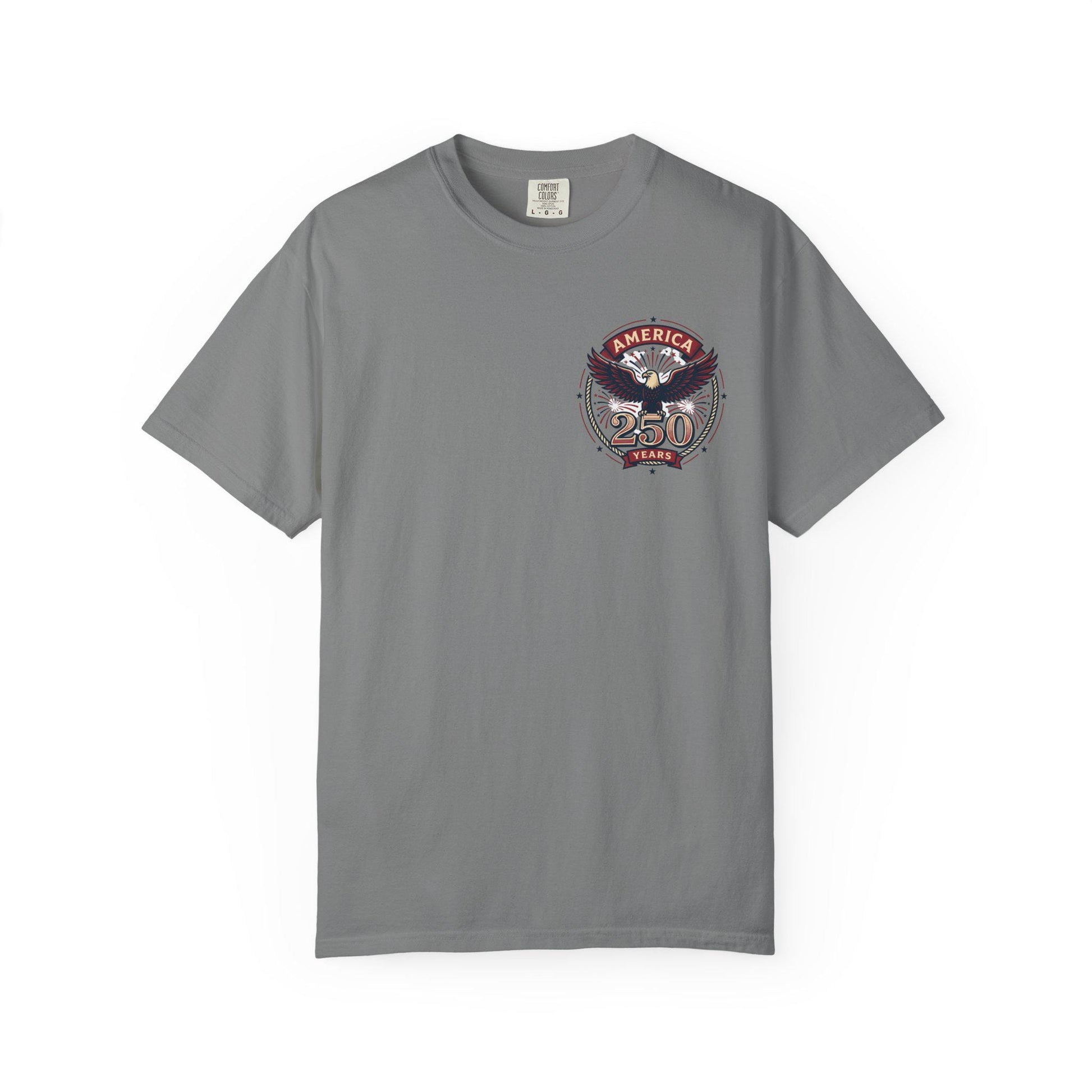 Medium gray crew-neck T-shirt with American eagle “250 Years” graphic on left chest