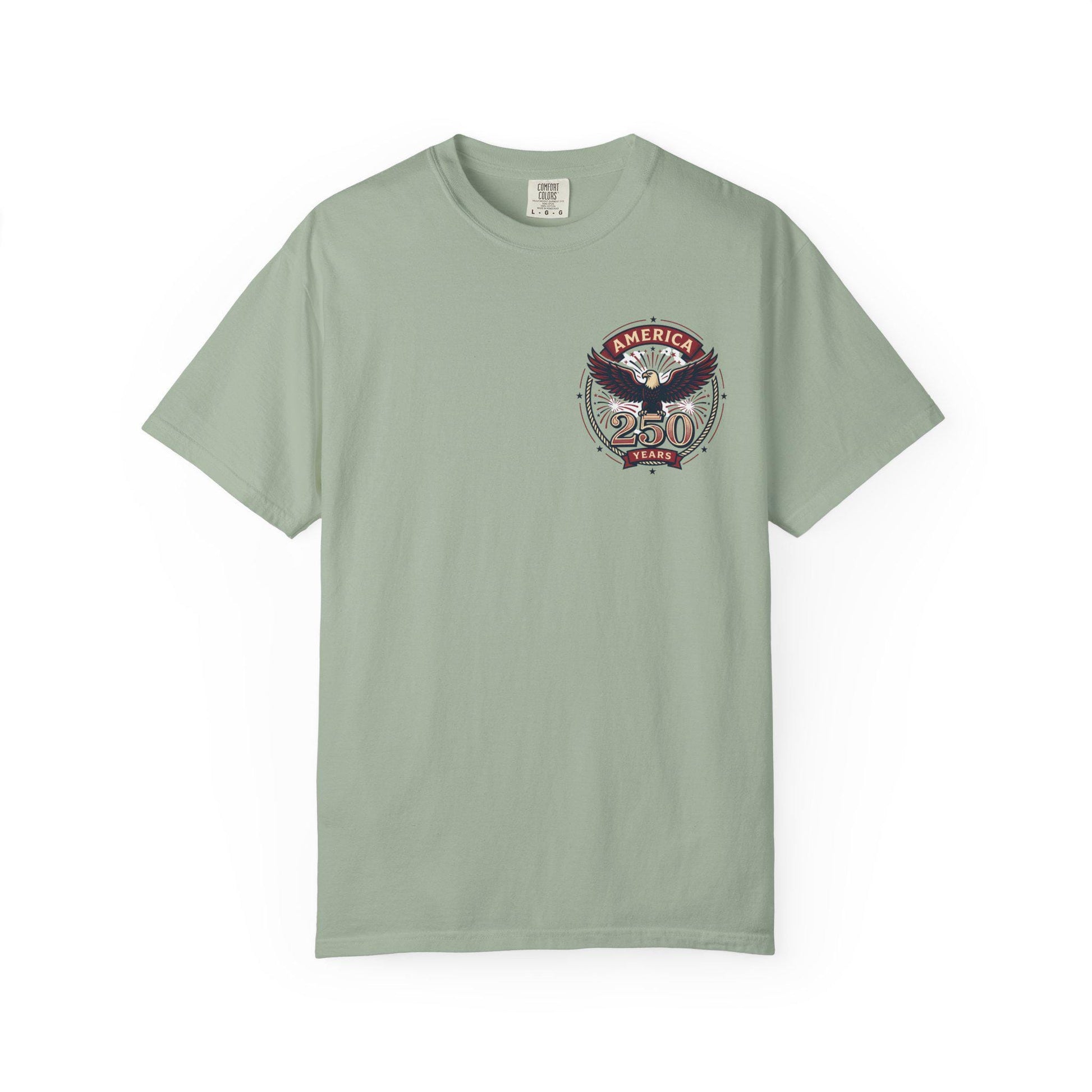 Sage green crew-neck T-shirt with American eagle “250 Years” graphic on left chest
