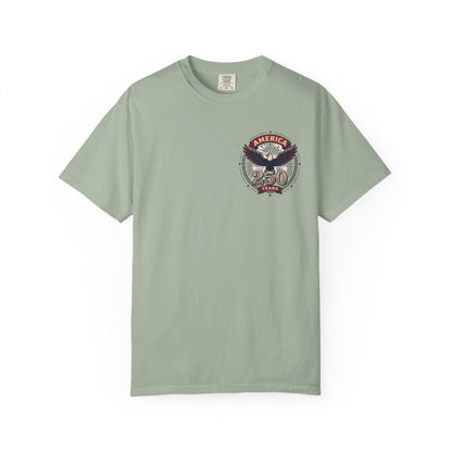 Sage green crew-neck T-shirt with American eagle “250 Years” graphic on left chest
