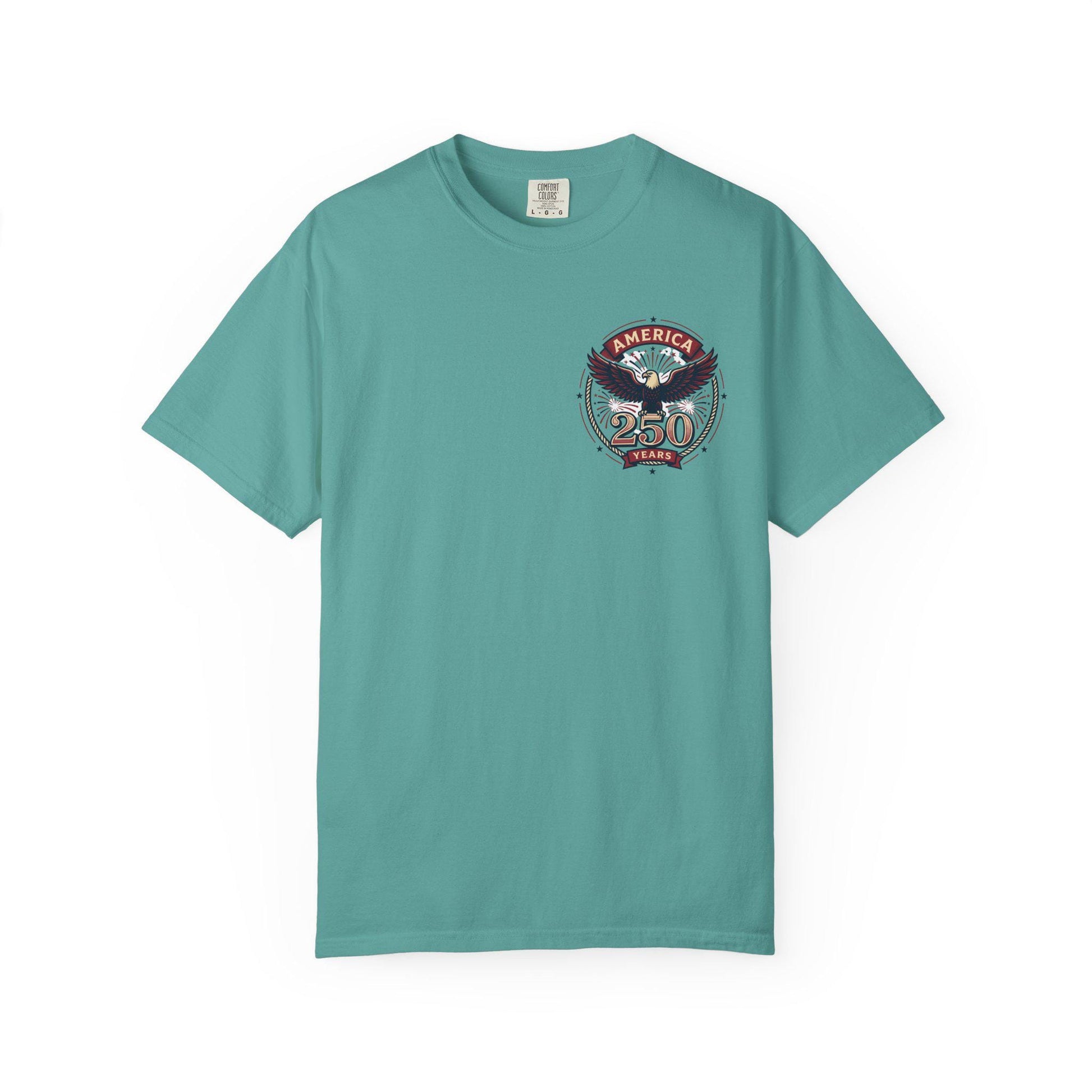 Teal green crew-neck T-shirt with American eagle “250 Years” graphic on left chest