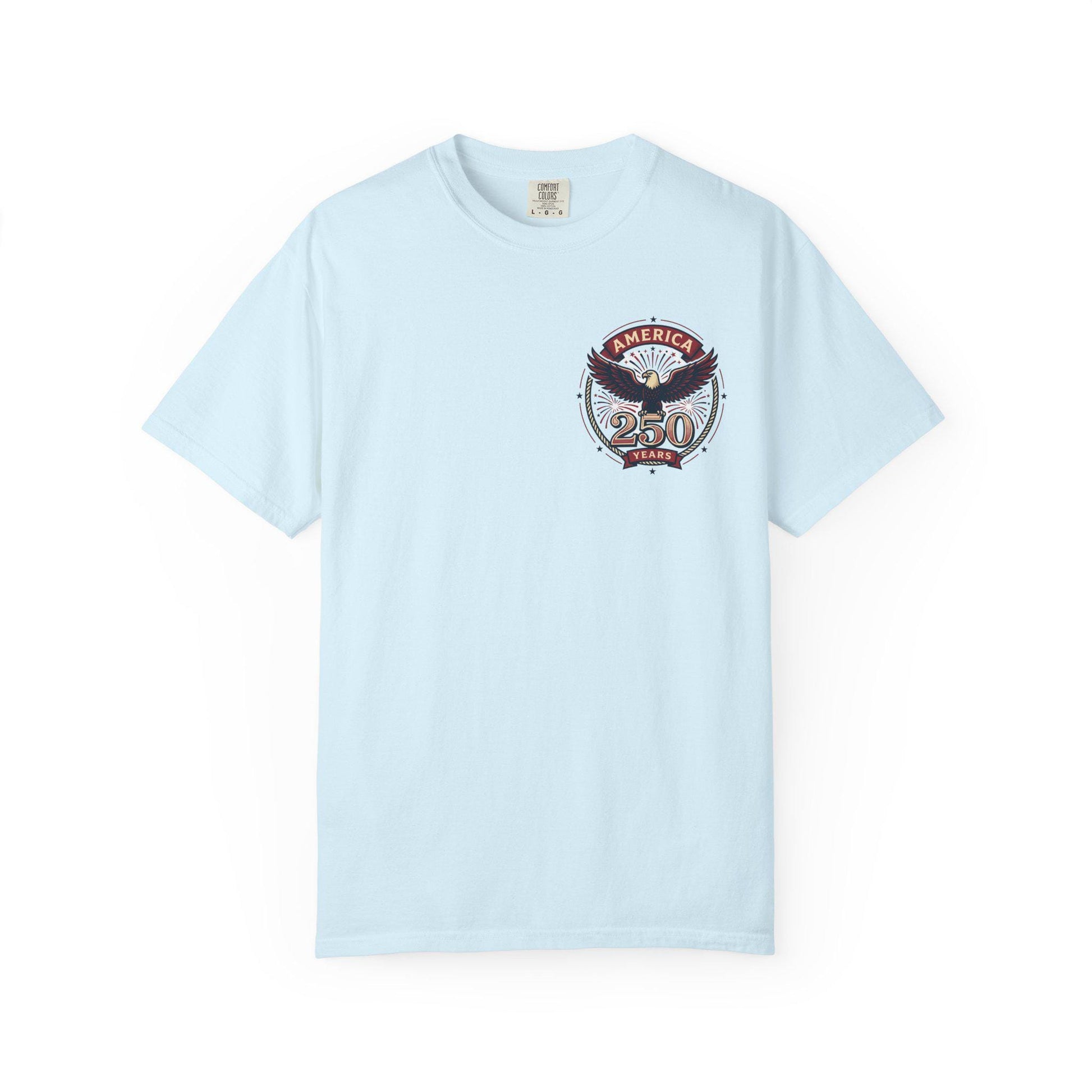 Light blue crew-neck T-shirt with American eagle “250 Years” graphic on left chest