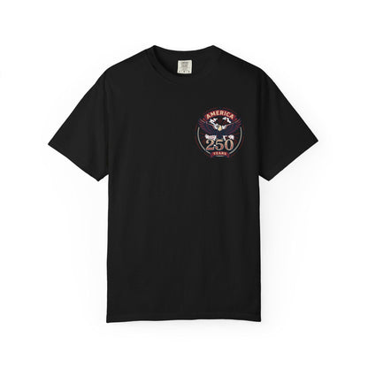 Black crew-neck T-shirt with chest eagle America 250 graphic