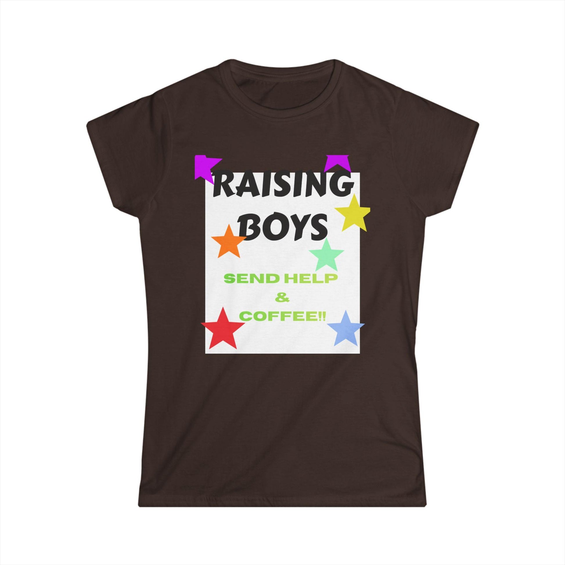 Brown T-shirt with 'Raising Boys' and 'Send Help & Coffee' graphic