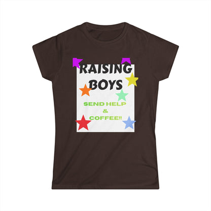 Brown T-shirt with 'Raising Boys' and 'Send Help & Coffee' graphic