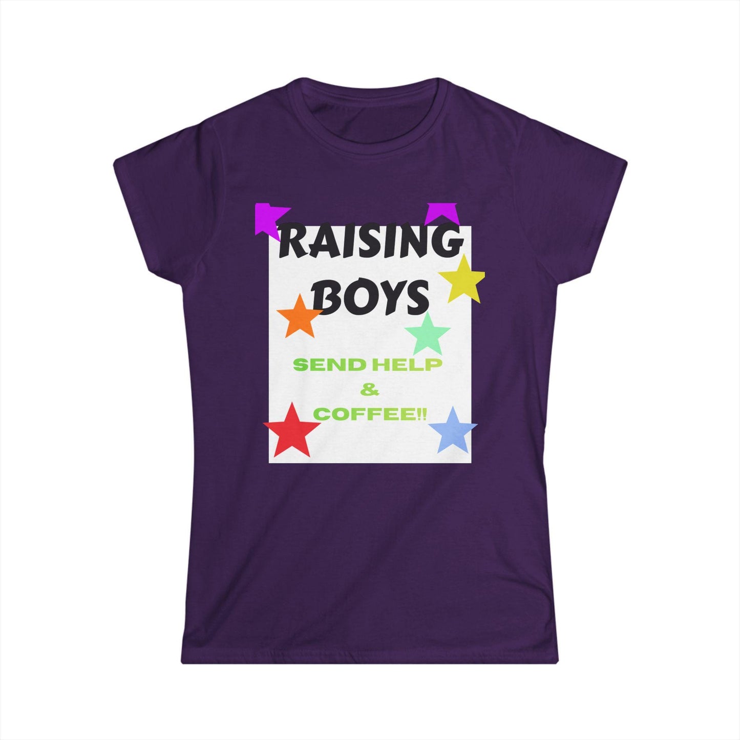 Dark purple crew-neck T-shirt with 'RAISING BOYS' coffee-themed graphic