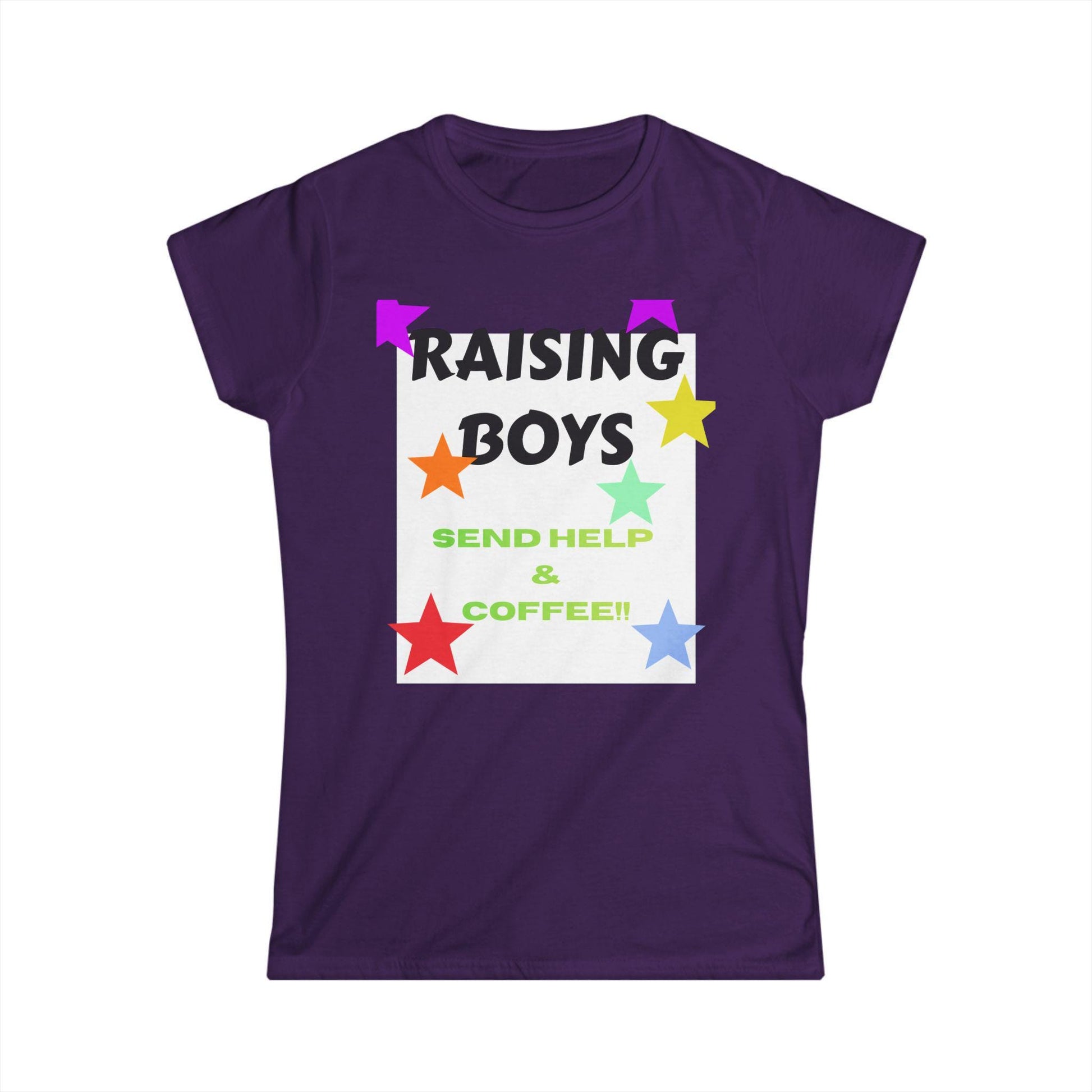 Dark purple crew-neck T-shirt with 'RAISING BOYS' coffee-themed graphic