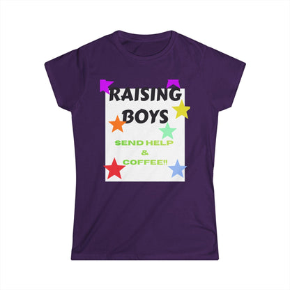 Dark purple crew-neck T-shirt with 'RAISING BOYS' coffee-themed graphic