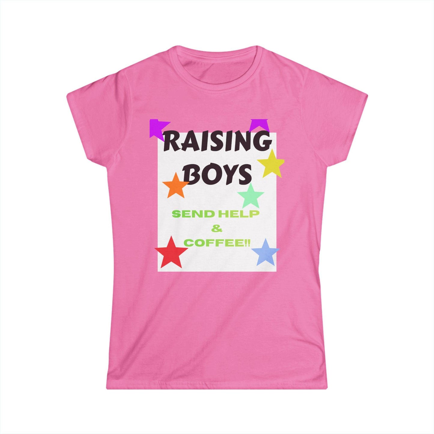 Pink crew-neck T-shirt with 'RAISING BOYS' coffee-themed graphic