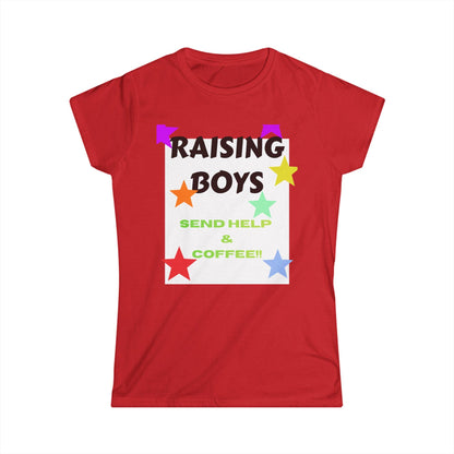 Red crew-neck T-shirt with 'RAISING BOYS' coffee-themed graphic