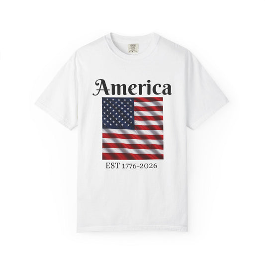 White T-shirt with America text and American flag graphic, EST 1776-2026