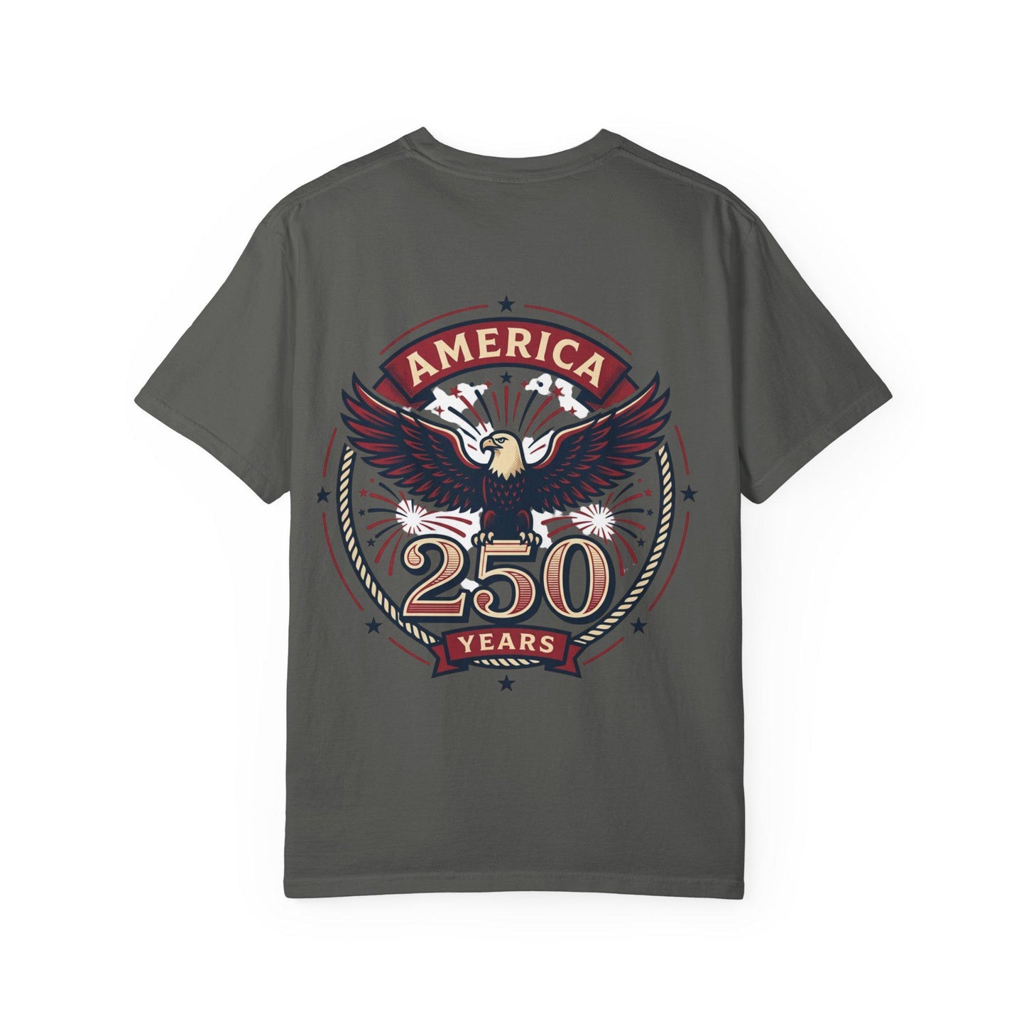 Dark gray T-shirt with eagle 'AMERICA' 250 years crest graphic
