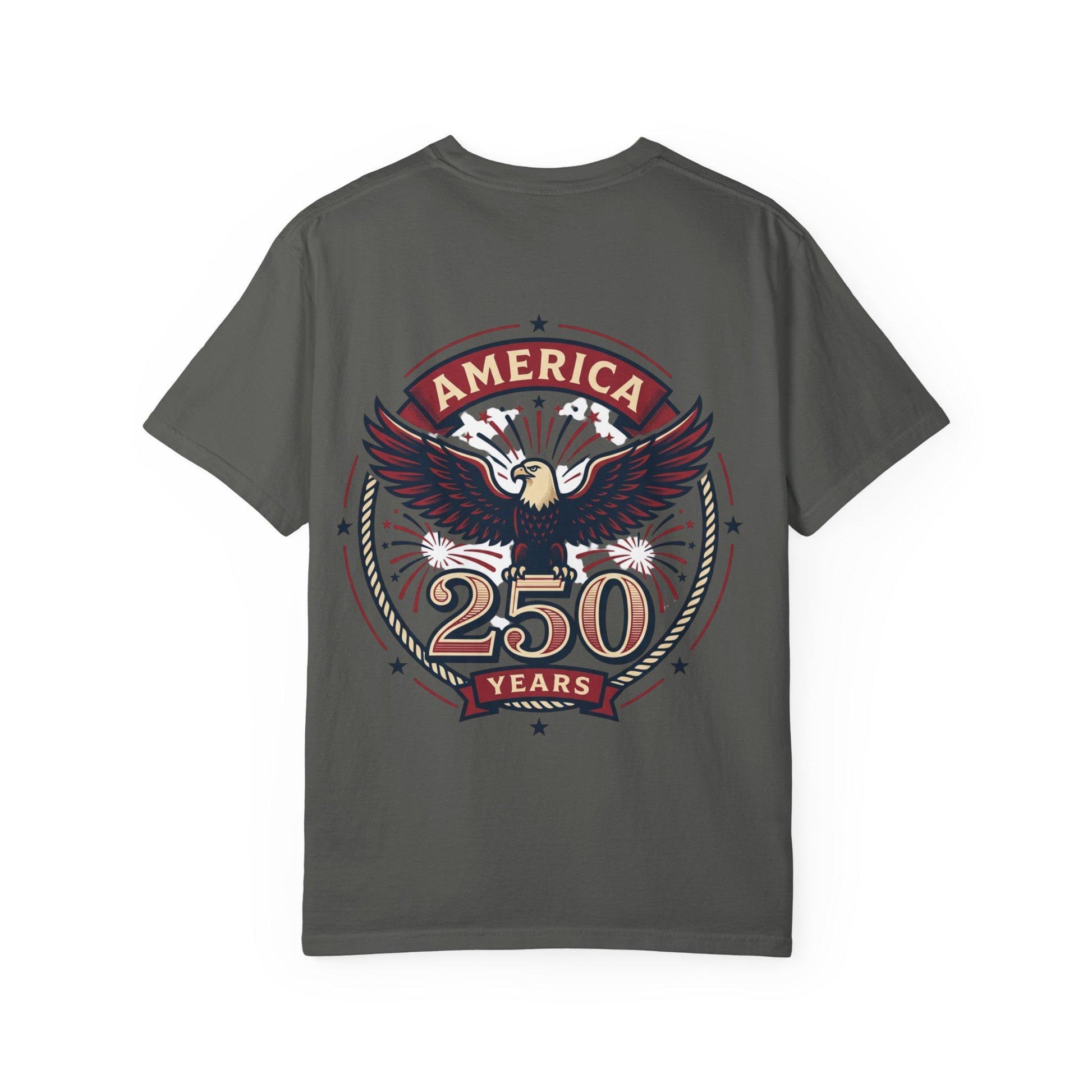 Dark gray T-shirt with eagle 'AMERICA' 250 years crest graphic